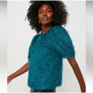 Hyacinth House Teal Textured Hope Eyelash Fringe Blouse Short Sleeve Top, Sz XS